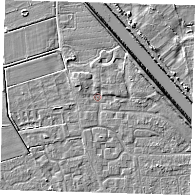 Shaded relief map of the ground around PE218NW, computed from Environment Agency LiDAR. The ground here sits at about 2 m above sea level and falls 7 m across the surrounding 800 m. Surface water reaching this point runs off ground lying to the north-west, 1.7 m higher.