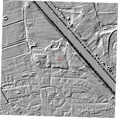 Shaded relief map of the ground around PE218NX, computed from Environment Agency LiDAR. The ground here sits at about 4 m above sea level and falls 7 m across the surrounding 800 m. The ground contributing surface water to this point lies to the north.