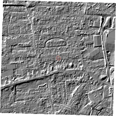 Shaded relief map of the ground around PE218NY, computed from Environment Agency LiDAR. The ground here sits at about 3 m above sea level and falls 5 m across the surrounding 800 m. Surface water reaching this point runs off ground lying to the east-south-east, 1.5 m higher.
