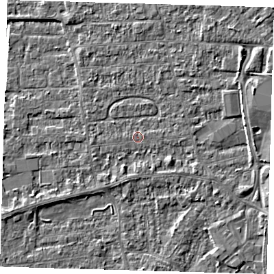 Shaded relief map of the ground around PE218NZ, computed from Environment Agency LiDAR. The ground here sits at about 3 m above sea level and falls 6 m across the surrounding 800 m. Surface water reaching this point runs off ground lying to the east, 2.3 m higher.