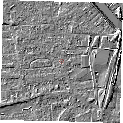 Shaded relief map of the ground around PE218PA, computed from Environment Agency LiDAR. The ground here sits at about 3 m above sea level and falls 7 m across the surrounding 800 m. Surface water reaching this point runs off ground lying to the east-north-east, 1.4 m higher.