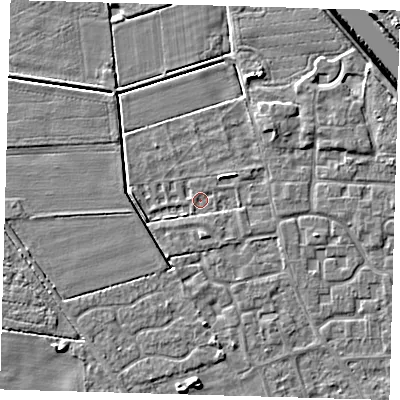Shaded relief map of the ground around PE218PB, computed from Environment Agency LiDAR. The ground here sits at about 2 m above sea level and falls 6 m across the surrounding 800 m. Surface water reaching this point runs off ground lying to the north-east, 1.6 m higher.