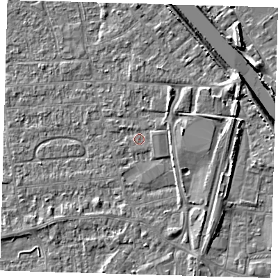 Shaded relief map of the ground around PE218PD, computed from Environment Agency LiDAR. The ground here sits at about 3 m above sea level and falls 7 m across the surrounding 800 m. Surface water reaching this point runs off ground lying to the east-north-east, 1.3 m higher.