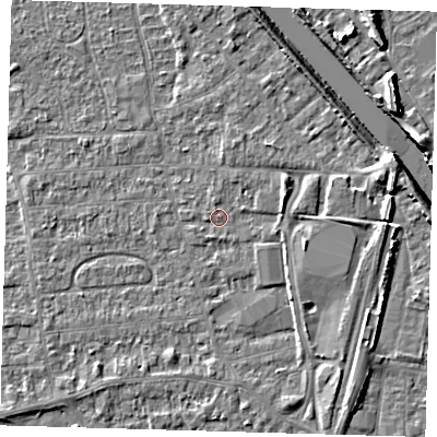 Shaded relief map of the ground around PE218PE, computed from Environment Agency LiDAR. The ground here sits at about 3 m above sea level and falls 7 m across the surrounding 800 m. Surface water reaching this point runs off ground lying to the east-south-east, 2.5 m higher.