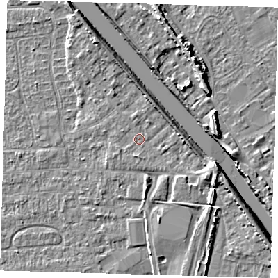 Shaded relief map of the ground around PE218PN, computed from Environment Agency LiDAR. The ground here sits at about 4 m above sea level and falls 8 m across the surrounding 800 m. Surface water reaching this point runs off ground lying to the east-south-east, 3.8 m higher.