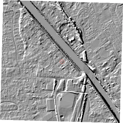 Shaded relief map of the ground around PE218PP, computed from Environment Agency LiDAR. The ground here sits at about 3 m above sea level and falls 8 m across the surrounding 800 m. Surface water reaching this point runs off ground lying to the east-south-east, 3.8 m higher.