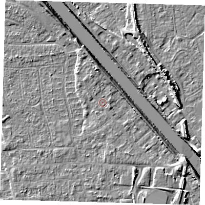 Shaded relief map of the ground around PE218PR, computed from Environment Agency LiDAR. The ground here sits at about 3 m above sea level and falls 8 m across the surrounding 800 m. Surface water reaching this point runs off ground lying to the south-east, 3.8 m higher.