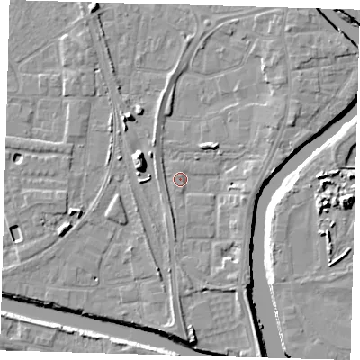 Shaded relief map of the ground around PE218PS, computed from Environment Agency LiDAR. The ground here sits at about 4 m above sea level and falls 11 m across the surrounding 800 m. Surface water reaching this point runs off ground lying to the east-south-east, 3.4 m higher.