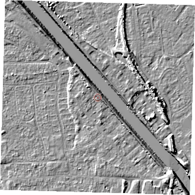 Shaded relief map of the ground around PE218PT, computed from Environment Agency LiDAR. The ground here sits at about 4 m above sea level and falls 8 m across the surrounding 800 m. Surface water reaching this point runs off ground lying to the north-west, 2.9 m higher.