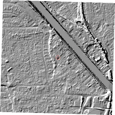 Shaded relief map of the ground around PE218PW, computed from Environment Agency LiDAR. The ground here sits at about 4 m above sea level and falls 8 m across the surrounding 800 m. Surface water reaching this point runs off ground lying to the south-east, 3.8 m higher.