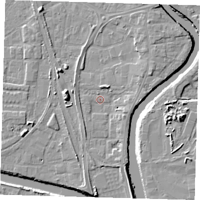 Shaded relief map of the ground around PE218PX, computed from Environment Agency LiDAR. The ground here sits at about 4 m above sea level and falls 11 m across the surrounding 800 m. Surface water reaching this point runs off ground lying to the south-east, 3.4 m higher.