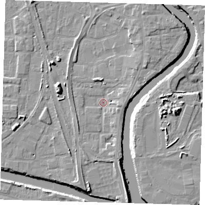 Shaded relief map of the ground around PE218PY, computed from Environment Agency LiDAR. The ground here sits at about 3 m above sea level and falls 11 m across the surrounding 800 m. Surface water reaching this point runs off ground lying to the east-south-east, 3.4 m higher.