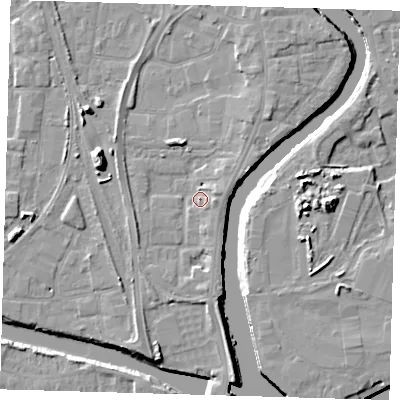 Shaded relief map of the ground around PE218PZ, computed from Environment Agency LiDAR. The ground here sits at about 5 m above sea level and falls 11 m across the surrounding 800 m. Surface water reaching this point runs off ground lying to the east, 3.1 m higher.