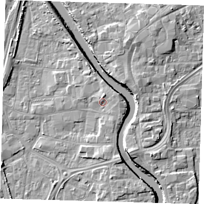 Shaded relief map of the ground around PE218QA, computed from Environment Agency LiDAR. The ground here sits at about 6 m above sea level and falls 7 m across the surrounding 800 m. Surface water reaching this point runs off ground lying to the north-north-east, 2.2 m higher.