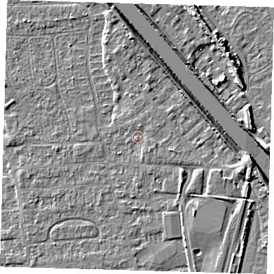 Shaded relief map of the ground around PE218QB, computed from Environment Agency LiDAR. The ground here sits at about 3 m above sea level and falls 8 m across the surrounding 800 m. Surface water reaching this point runs off ground lying to the east-south-east, 1.2 m higher.