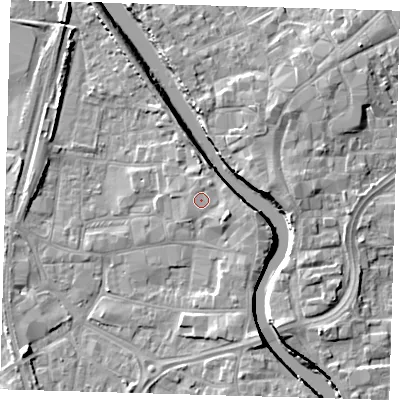 Shaded relief map of the ground around PE218QD, computed from Environment Agency LiDAR. The ground here sits at about 5 m above sea level and falls 7 m across the surrounding 800 m. The ground contributing surface water to this point lies to the north.