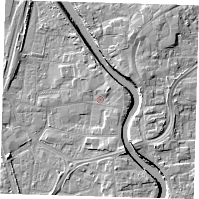 Shaded relief map of the ground around PE218QE, computed from Environment Agency LiDAR. The ground here sits at about 4 m above sea level and falls 7 m across the surrounding 800 m. Surface water reaching this point runs off ground lying to the north-east, 2.9 m higher.