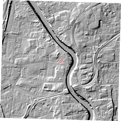 Shaded relief map of the ground around PE218QF, computed from Environment Agency LiDAR. The ground here sits at about 5 m above sea level and falls 7 m across the surrounding 800 m. Surface water reaching this point runs off ground lying to the east-north-east, 1.8 m higher.