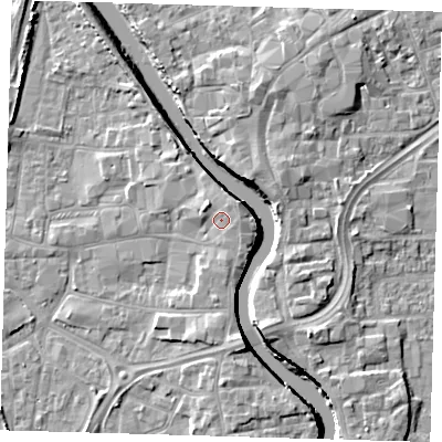 Shaded relief map of the ground around PE218QG, computed from Environment Agency LiDAR. The ground here sits at about 6 m above sea level and falls 7 m across the surrounding 800 m. Surface water reaching this point runs off ground lying to the north-west, 1.5 m higher.