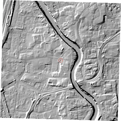 Shaded relief map of the ground around PE218QH, computed from Environment Agency LiDAR. The ground here sits at about 4 m above sea level and falls 7 m across the surrounding 800 m. Surface water reaching this point runs off ground lying to the north-east, 2.1 m higher.