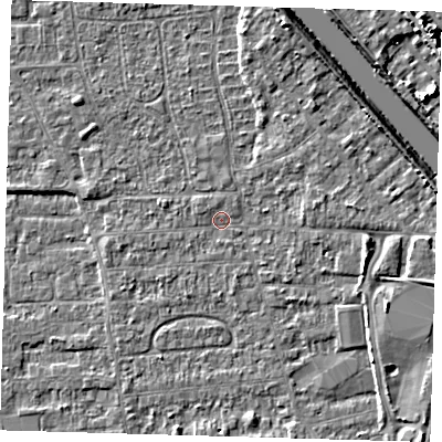 Shaded relief map of the ground around PE218QJ, computed from Environment Agency LiDAR. The ground here sits at about 3 m above sea level and falls 7 m across the surrounding 800 m. Surface water reaching this point runs off ground lying to the east-south-east, 2.9 m higher.