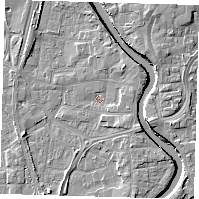 Shaded relief map of the ground around PE218QL, computed from Environment Agency LiDAR. The ground here sits at about 3 m above sea level and falls 8 m across the surrounding 800 m. Surface water reaching this point runs off ground lying to the east-north-east, 3.4 m higher.