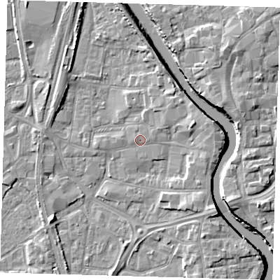 Shaded relief map of the ground around PE218QN, computed from Environment Agency LiDAR. The ground here sits at about 4 m above sea level and falls 7 m across the surrounding 800 m. Surface water reaching this point runs off ground lying to the east-north-east, 3.3 m higher.