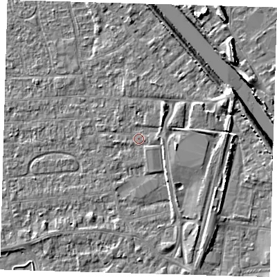 Shaded relief map of the ground around PE218QP, computed from Environment Agency LiDAR. The ground here sits at about 3 m above sea level and falls 7 m across the surrounding 800 m. Surface water reaching this point runs off ground lying to the east-south-east, 2.4 m higher.
