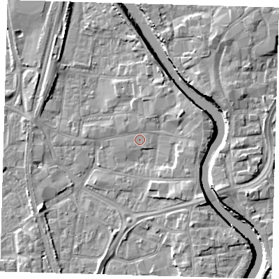 Shaded relief map of the ground around PE218QR, computed from Environment Agency LiDAR. The ground here sits at about 4 m above sea level and falls 7 m across the surrounding 800 m. Surface water reaching this point runs off ground lying to the east-north-east, 3.2 m higher.