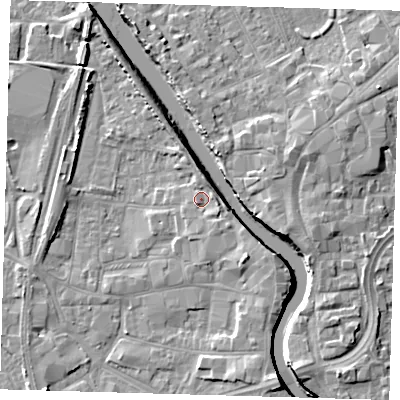 Shaded relief map of the ground around PE218QS, computed from Environment Agency LiDAR. The ground here sits at about 4 m above sea level and falls 7 m across the surrounding 800 m. Surface water reaching this point runs off ground lying to the south-east, 2.7 m higher.