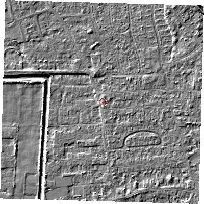 Shaded relief map of the ground around PE218QT, computed from Environment Agency LiDAR. The ground here sits at about 3 m above sea level and falls 6 m across the surrounding 800 m. Surface water reaching this point runs off ground lying to the east-north-east, 2.1 m higher.