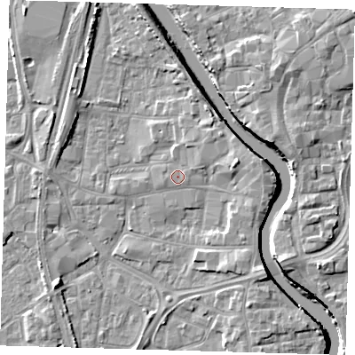 Shaded relief map of the ground around PE218QU, computed from Environment Agency LiDAR. The ground here sits at about 4 m above sea level and falls 7 m across the surrounding 800 m. Surface water reaching this point runs off ground lying to the north-east, 1.2 m higher.
