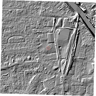 Shaded relief map of the ground around PE218QX, computed from Environment Agency LiDAR. The ground here sits at about 3 m above sea level and falls 6 m across the surrounding 800 m. Surface water reaching this point runs off ground lying to the east-north-east, 2.3 m higher.