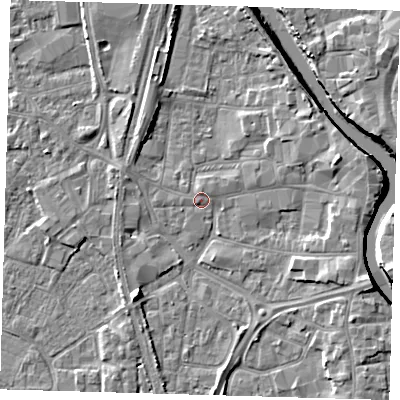 Shaded relief map of the ground around PE218QZ, computed from Environment Agency LiDAR. The ground here sits at about 3 m above sea level and falls 7 m across the surrounding 800 m. Surface water reaching this point runs off ground lying to the south-west, 0.6 m higher.