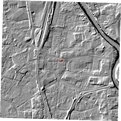 Shaded relief map of the ground around PE218RA, computed from Environment Agency LiDAR. The ground here sits at about 3 m above sea level and falls 7 m across the surrounding 800 m. Surface water reaching this point runs off ground lying to the east, 0.6 m higher.