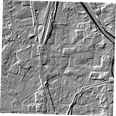 Shaded relief map of the ground around PE218RB, computed from Environment Agency LiDAR. The ground here sits at about 3 m above sea level and falls 7 m across the surrounding 800 m. Surface water reaching this point runs off ground lying to the east-south-east, 4.7 m higher.