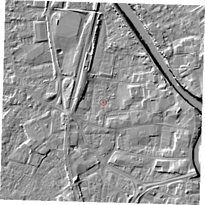 Shaded relief map of the ground around PE218RD, computed from Environment Agency LiDAR. The ground here sits at about 3 m above sea level and falls 7 m across the surrounding 800 m. Surface water reaching this point runs off ground lying to the east, 4.3 m higher.