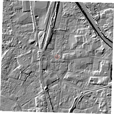 Shaded relief map of the ground around PE218RE, computed from Environment Agency LiDAR. The ground here sits at about 3 m above sea level and falls 7 m across the surrounding 800 m. The ground contributing surface water to this point lies to the east-south-east.