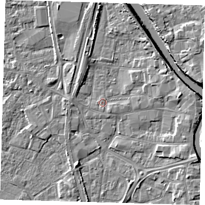 Shaded relief map of the ground around PE218RF, computed from Environment Agency LiDAR. The ground here sits at about 3 m above sea level and falls 7 m across the surrounding 800 m. Surface water reaching this point runs off ground lying to the south-east, 1.2 m higher.