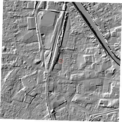 Shaded relief map of the ground around PE218RJ, computed from Environment Agency LiDAR. The ground here sits at about 3 m above sea level and falls 6 m across the surrounding 800 m. Surface water reaching this point runs off ground lying to the west, 2.5 m higher.