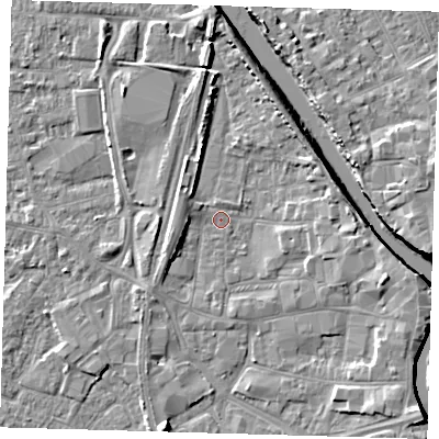 Shaded relief map of the ground around PE218RL, computed from Environment Agency LiDAR. The ground here sits at about 3 m above sea level and falls 7 m across the surrounding 800 m. Surface water reaching this point runs off ground lying to the west-south-west, 2.4 m higher.