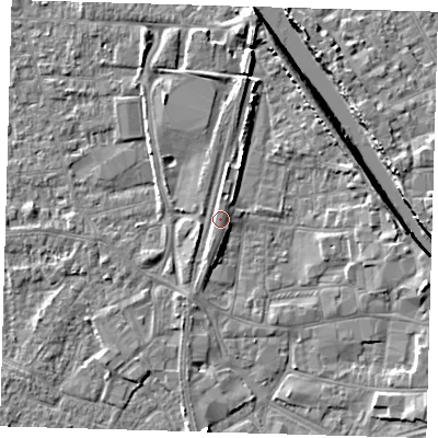 Shaded relief map of the ground around PE218RN, computed from Environment Agency LiDAR. The ground here sits at about 5 m above sea level and falls 6 m across the surrounding 800 m. Surface water reaching this point runs off ground lying to the north-north-east, 1.6 m higher.