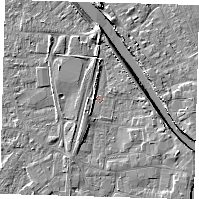 Shaded relief map of the ground around PE218RP, computed from Environment Agency LiDAR. The ground here sits at about 3 m above sea level and falls 6 m across the surrounding 800 m. Surface water reaching this point runs off ground lying to the north-north-east, 0.5 m higher.