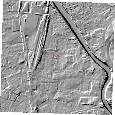Shaded relief map of the ground around PE218RR, computed from Environment Agency LiDAR. The ground here sits at about 2 m above sea level and falls 7 m across the surrounding 800 m. Surface water reaching this point runs off ground lying to the east-south-east, 4.3 m higher.