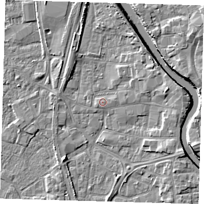Shaded relief map of the ground around PE218RS, computed from Environment Agency LiDAR. The ground here sits at about 4 m above sea level and falls 7 m across the surrounding 800 m. Surface water reaching this point runs off ground lying to the east, 1.0 m higher.