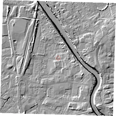 Shaded relief map of the ground around PE218RU, computed from Environment Agency LiDAR. The ground here sits at about 3 m above sea level and falls 7 m across the surrounding 800 m. Surface water reaching this point runs off ground lying to the south-east, 1.8 m higher.
