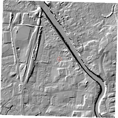 Shaded relief map of the ground around PE218RX, computed from Environment Agency LiDAR. The ground here sits at about 3 m above sea level and falls 7 m across the surrounding 800 m. Surface water reaching this point runs off ground lying to the east-south-east, 4.3 m higher.