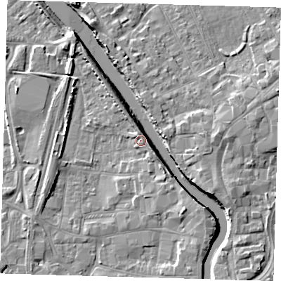 Shaded relief map of the ground around PE218RZ, computed from Environment Agency LiDAR. The ground here sits at about 5 m above sea level and falls 6 m across the surrounding 800 m. Surface water reaching this point runs off ground lying to the north-east, 2.4 m higher.