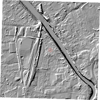 Shaded relief map of the ground around PE218SA, computed from Environment Agency LiDAR. The ground here sits at about 3 m above sea level and falls 7 m across the surrounding 800 m. Surface water reaching this point runs off ground lying to the north-north-west, 3.8 m higher.