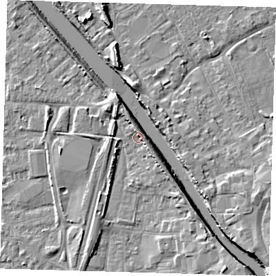 Shaded relief map of the ground around PE218SB, computed from Environment Agency LiDAR. The ground here sits at about 3 m above sea level and falls 7 m across the surrounding 800 m. Surface water reaching this point runs off ground lying to the north, 2.7 m higher.